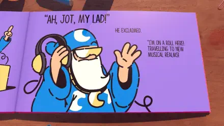 HD PC desktop wallpaper from the video game The Plucky Squire, featuring a wizard character speaking about traveling to new mission realms.