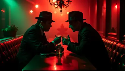 Two suited figures in hats toast with drinks at a dimly lit table, illuminated by red and green lights, creating a dramatic mafia-themed atmosphere. 4K Ultra HD quality wallpaper.