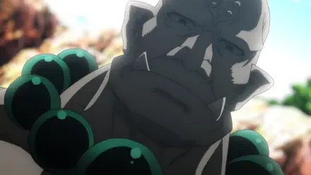 A close-up of a character from the anime The Ossan Newbie Adventurer, showcasing a rugged figure with a serious expression and distinctive green accessories, set against a blurred background.