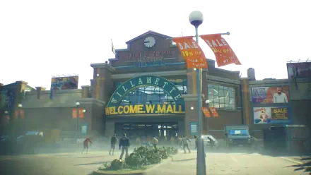 A vibrant HD wallpaper featuring the Willamette Mall from the video game Dead Rising Deluxe Remaster, showcasing its iconic entrance and a chaotic atmosphere.