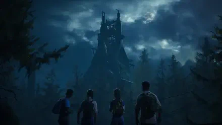 HD wallpaper from the video game The Casting of Frank Stone, featuring four characters silhouetted against a dark, foreboding tower in a shadowy forest under ominous clouds.