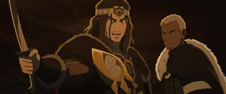 Anime-style HD desktop wallpaper featuring intense characters from The Lord of the Rings: The War of the Rohirrim in dramatic lighting and detailed armor.