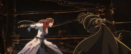 Anime-style HD desktop wallpaper from The Lord of the Rings: The War of the Rohirrim, depicting an intense sword duel between two characters.