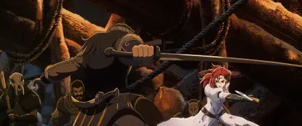 Anime-style HD desktop wallpaper from The Lord of the Rings: The War of the Rohirrim, featuring intense sword combat between armored warriors in a dark, cavernous setting.