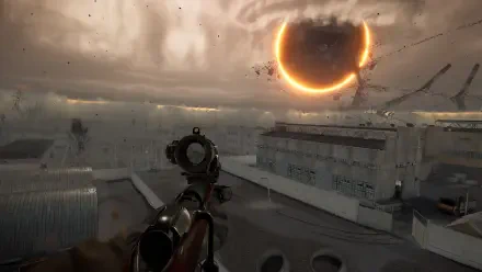 A captivating HD wallpaper from the video game Into the Radius VR, showcasing a dramatic skyline with a darkened sun and intricate structures, enhancing the immersive atmosphere of the game.