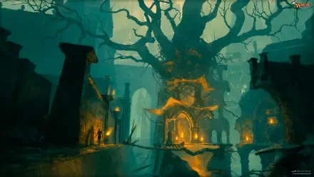 An atmospheric HD wallpaper inspired by Magic: The Gathering, featuring a mystical landscape with a towering tree, glowing structures, and an enchanting, eerie ambiance.