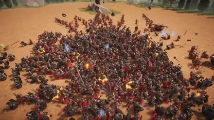 A dynamic scene from the video game Toy Tactics, featuring a chaotic battle with numerous characters engaged in combat on an expansive sandy battlefield, presented as a HD PC desktop wallpaper.