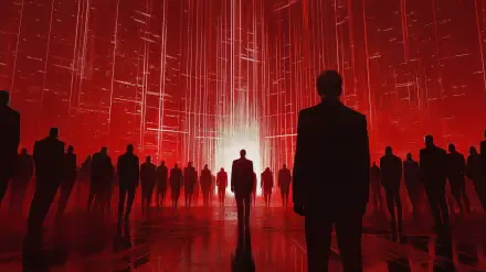 A dramatic 4K Ultra HD wallpaper showcasing a group of shadowy figures in suits against a striking red background, symbolizing themes of corporatism and power dynamics.