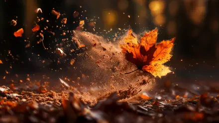 A stunning 4K Ultra HD wallpaper featuring an autumn leaf surrounded by swirling dust and colorful particles, capturing the essence of fall's beauty.