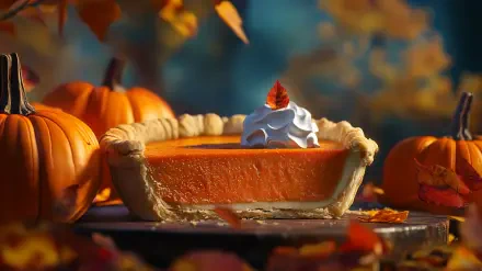 A cozy pumpkin pie sits adorned with whipped cream and a leaf, surrounded by autumn leaves and pumpkins, set against a serene backdrop. This 4K Ultra HD wallpaper captures a festive vibe.