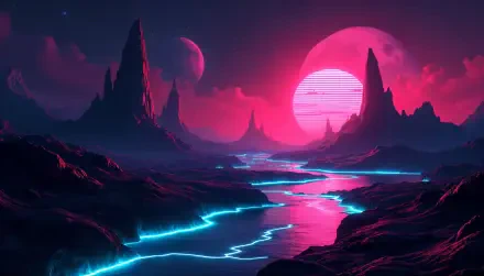 A vibrant 4K Ultra HD desktop wallpaper featuring a mystical landscape with glowing rivers, towering cliffs, and a striking pink sun in a starry sky.