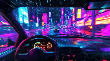 A vibrant 4K Ultra HD wallpaper depicting a driver’s view through a car window, navigating a rain-soaked city street illuminated by colorful neon lights.