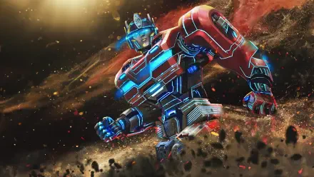 A dynamic 4K Ultra HD wallpaper featuring Optimus Prime from the movie Transformers One, showcasing vibrant colors and action amidst a cosmic backdrop.