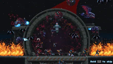 A vibrant 4K Ultra HD wallpaper from the game Iron Meat, featuring intense action against a backdrop of fire and space elements, showcasing unique characters and dynamic scenes.