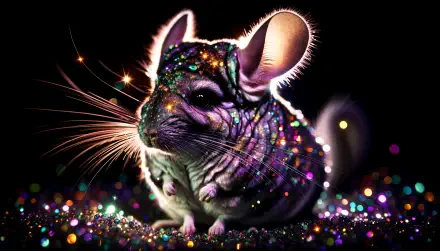 A vibrant chinchilla illuminated by colorful sparkles, set against a dark background. This stunning image serves as a 4K Ultra HD PC desktop wallpaper and background.