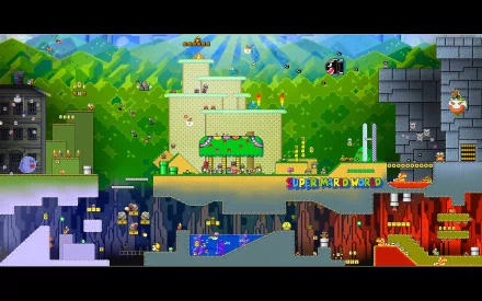 A vibrant HD desktop wallpaper showcasing a colorful scene from Super Mario World, featuring iconic elements and landscapes from the beloved video game.
