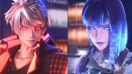 Dynamic HD PC desktop wallpaper featuring characters from the video game Reynatis, showcasing intense expressions and striking colors in a futuristic setting.