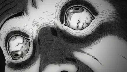 A haunting close-up of a character's eyes from Uzumaki: Spiral Into Horror, this HD PC wallpaper captures the unsettling essence of the anime's eerie atmosphere.