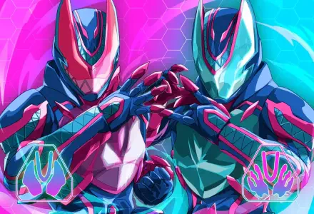 HD anime-style desktop wallpaper featuring vibrant Kamen Rider Revice characters in dynamic poses with neon pink and blue hexagonal backgrounds.