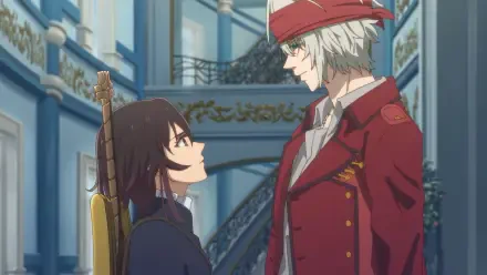 Anime-style HD PC desktop wallpaper from Bye Bye Earth features two characters in detailed, ornate surroundings, one with a red coat and hat, facing another with dark hair and a sword.