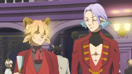 Two characters from the anime Bye Bye Earth stand side by side, dressed in vibrant red outfits, set against a lavish background, making for a captivating HD PC desktop wallpaper.