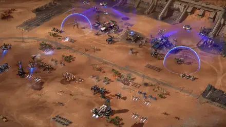 A vibrant HD wallpaper depicting a battlefield scene from Mechabellum, featuring various units and installations in a desert landscape, with energy shields and tactical formations.