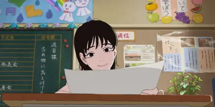 A young girl smiles while holding a paper in a cozy classroom filled with colorful decorations. This HD anime wallpaper captures a moment of joy and curiosity.