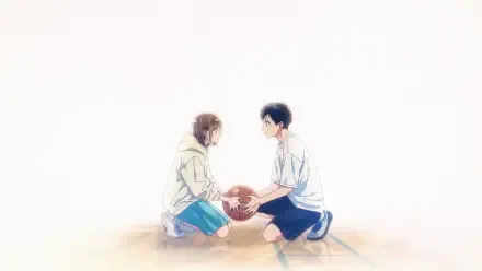 HD anime desktop wallpaper featuring Chinatsu Kano and Taiki Inomata from Blue Box, depicted sitting and holding a basketball in a softly lit scene.