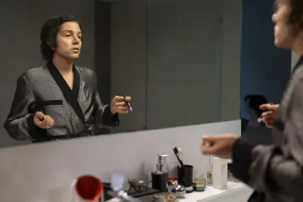 A scene from the TV show La Máquina (2024), featuring a character in a robe applying makeup while gazing into a mirror, surrounded by various beauty products.