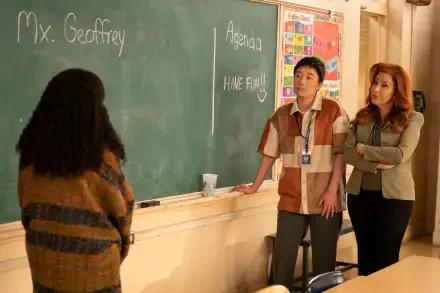 A scene from the TV show Abbott Elementary, featuring characters discussing at a chalkboard in a classroom setting, reflecting the show's humor and educational themes.
