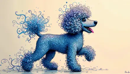 Artistic cartoon of a blue poodle with curly fur, designed as a vibrant 4K Ultra HD PC desktop wallpaper and background.