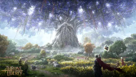 A stunning HD wallpaper featuring a mystical landscape from the video game Throne and Liberty, showcasing a majestic tree surrounded by vibrant foliage and characters exploring the serene environment.