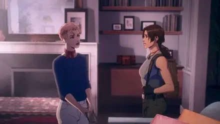 Anime-inspired HD wallpaper featuring Lara Croft from Tomb Raider: The Legend of Lara Croft, engaging in a conversation with another character in a cozy, detailed setting.