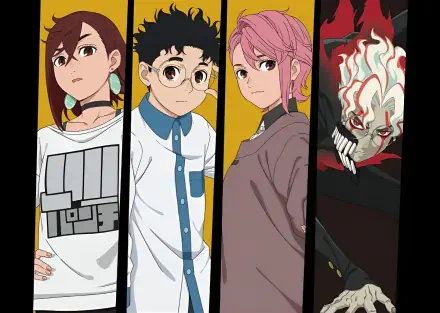 HD PC wallpaper featuring anime characters Ken Takakura, Momo Ayase, Aira Shiratori, and a masked figure from Dandadan in distinct vertical panels.