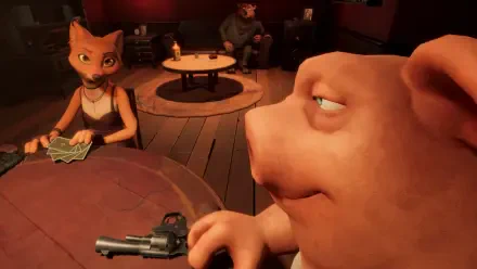 A scene from the video game Liars Bar featuring anthropomorphic characters in a dimly lit setting, with a focus on a pig character holding a gun and a fox character at a table.