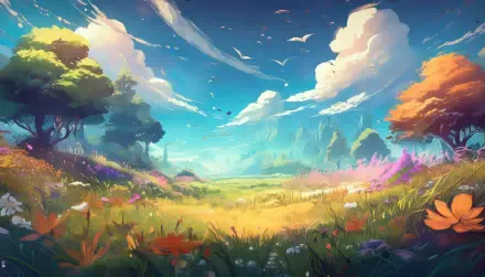 Vibrant anime landscape of a flower-filled field beneath a bright sky, artistic colors and trees — 2K Quad HD PC desktop wallpaper/background.