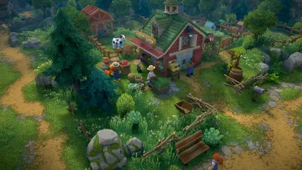 HD PC desktop wallpaper of Luma Island from a video game, showcasing a vibrant, detailed farm scene with greenery, characters, and rustic buildings.