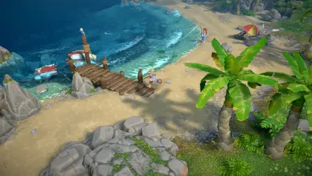 HD PC desktop wallpaper showcasing a vibrant Luma Island scene from a video game, featuring a sandy beach, palm trees, a wooden dock, and clear blue ocean waves.