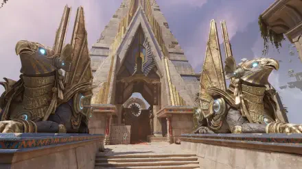 A stunning HD desktop wallpaper featuring an imposing temple structure adorned with eagle statues, set in a vibrant, fantasy-inspired landscape from the game FragPunk.