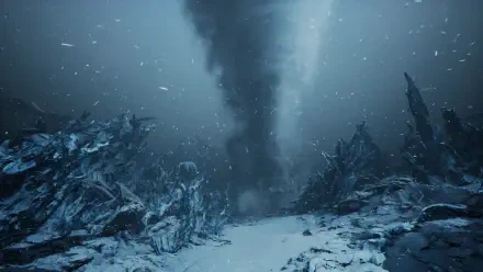 A captivating HD desktop wallpaper from the video game The First Berserker: Khazan, featuring a dramatic tornado amidst an icy, desolate landscape.