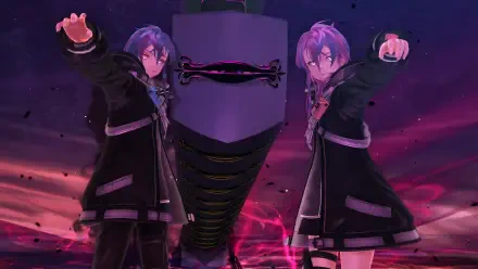 A visually striking HD wallpaper from the video game The Legend of Heroes: Trails through Daybreak II, featuring two characters in dark attire with a dramatic backdrop.