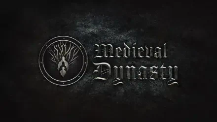 HD PC desktop wallpaper featuring the dark, metallic Medieval Dynasty video game logo with an emblem of a tree and stag on a textured black background.