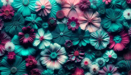 A vibrant array of pressed flowers in shades of pink, teal, and white, creating a stunning 4K Ultra HD desktop wallpaper and background.