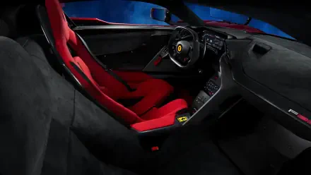 Interior view of a Ferrari F80 showcasing red racing seats and a sleek dashboard, captured in 8K Ultra HD for a PC desktop wallpaper background.