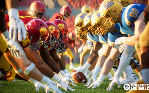 HD desktop wallpaper showing a tense moment in EA Sports College Football 25, with two football teams lined up face-to-face on the field, ready for action.