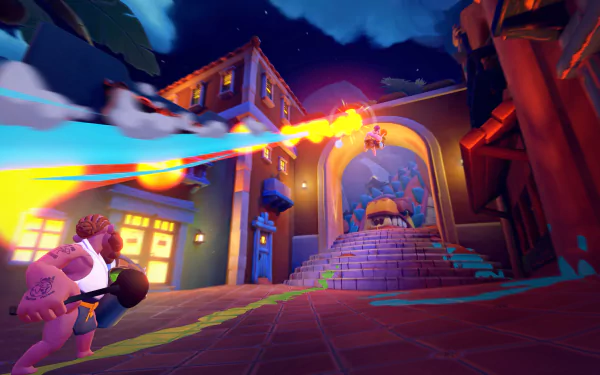 HD PC desktop wallpaper from the video game RAWMEN: Food Fighter Arena, showing colorful characters battling in a nighttime urban environment with dynamic fire effects.