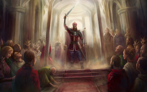 A powerful king stands on a throne, sword raised high, amidst a captivated crowd in a grand Norland hall. This HD desktop wallpaper captures the epic moment in a fantasy video game setting.