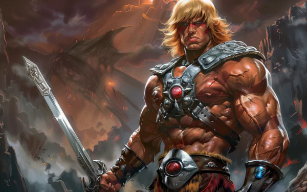 HD desktop wallpaper featuring elements from the TV show He-Man, showcasing vibrant colors and iconic characters from the series. A striking backdrop for any fan.