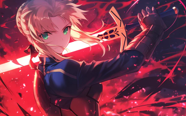 An HD wallpaper featuring Saber from the Fate series, specifically Fate/Stay Night, capturing the character's iconic design and vibrant anime style.