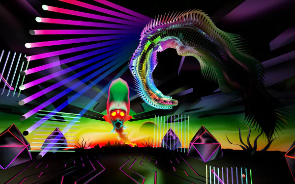 A vibrant HD desktop wallpaper from the video game Thrasher (2024), featuring abstract shapes, neon colors, and a captivating futuristic scene.